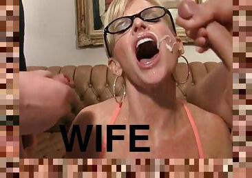 Big Bust Blond Hair Lady Housewife getting sperm all over her face and bum