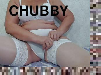 mamá, regordeta-chubby, medias, lencería, blanca