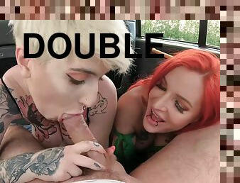 Blonde and ginger hotties please driver with double blowjob