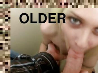 Older man cums in my mouth after sucking his cock in the bathroom