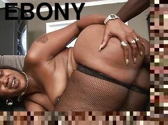 Ebony slut with natural tits and big ass takes a mouthful of cum