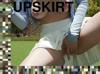 Playing Golf with Skye Blue Upskirt Blonde with big natural tits fucks herself silly with a dildo