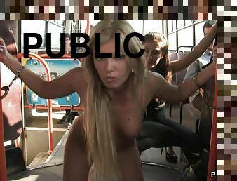 Petite blond hair lady is screwed in public bus