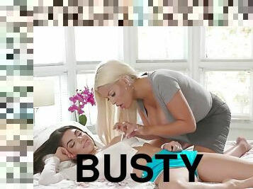 Busty Bridgette B eats Darcies tight pussy in lesbian action