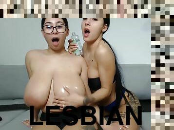 TWO HOT GIRLS - Latina lesbians boob play - monster tits oiled up