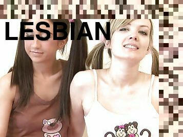 18 year-old horny lesbian teens with pigtails make love on the camera