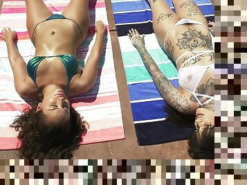 Tattooed lesbian with hairy pussy meets a hot girl on vacation