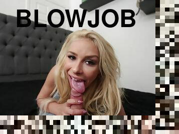 Blonde rubs dick with fingers, tits, tongue and lips