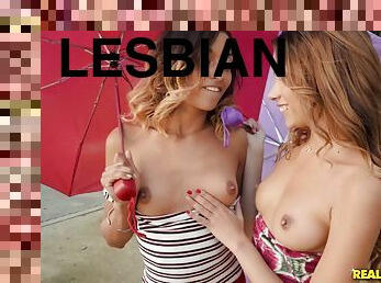 Perfectly-shaped lesbian girlfriends spice the day with sex