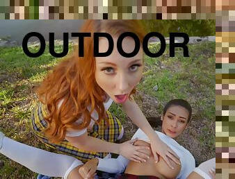 Peter Green fucks two beautiful young babes outdoors
