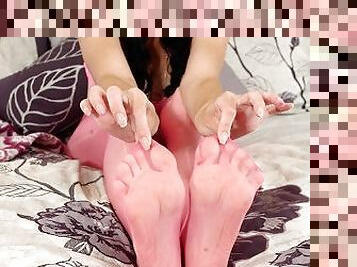 Pink crotchless pantyhose and sweaty feet