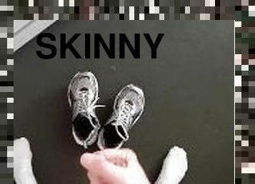 Skinny hairy guy wanks a dick in his room looking at sneakers