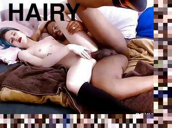 White whore with hairy pussy fucks black guy until he cums live