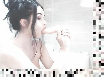 Big tit natural brunette take a shower and fuck herself so hard