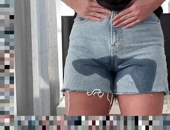 Girl desperate pee in jeans at home