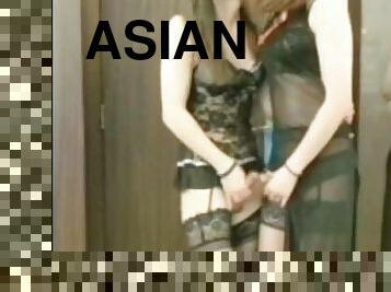 asiatisk, shemale, anal, blowjob, cumshot, stor-pikk, svart, undertøy, pikk