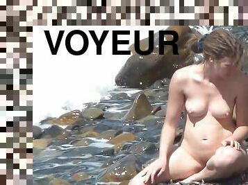 nudist, in-afara, camera, plaja, voyeur, blonda, naturala, ascuns, realitate