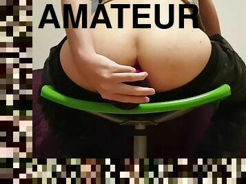 Teen rides dildo anal on chair