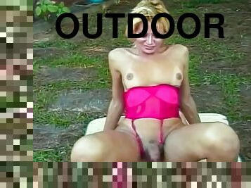 Outdoor anal for this beautiful blonde tgirl cock sucker