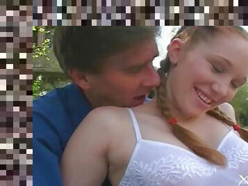 Sexy pigtailed redhead fucked hard outdoors