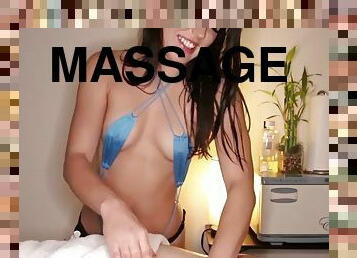 Deep throat masseuse with small tits sucks cock at spa