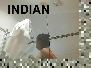 ázsiai, segg, fürdőkádban, nagymell, érett, asszonyok, hindu, kamera, leselkedés, kukkolás