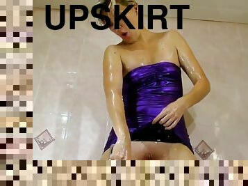 Shower scene in purple mini dress wetlook