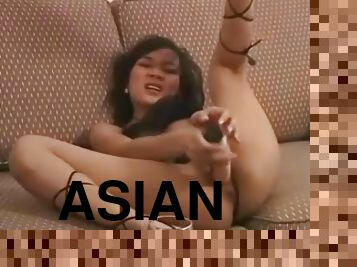 asiatisk, onani, tenåring, thai, dildo, høye-heler