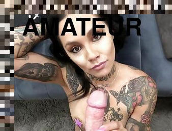 store-pupper, amatør, blowjob, hjemmelaget, pov, pupper, brunette, tattoo