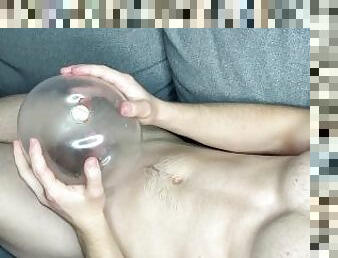 a guy with a big dick fucks a condom and cums with moans