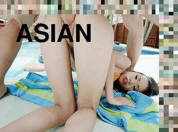 Deep vaginal intercourse by the pool with a petite Asian