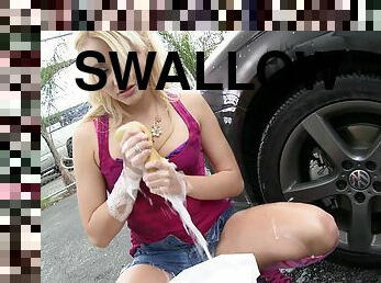 Petite blonde filmed swallowing jizzs after taking dick like a pro