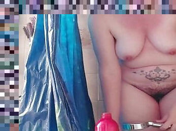 Very hairy pussy in the shower for this fat Italian slut