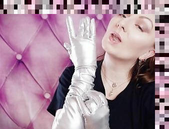 ASMR: long opera silver shiny gloves by Arya Grander. Fetish sounding free SFW video.