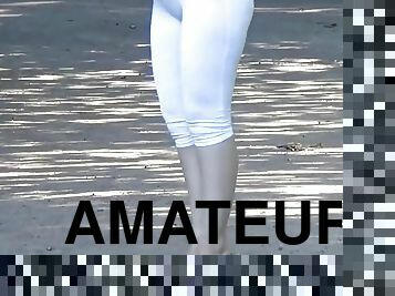 Big butts white leggings on walk