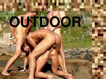 Passionate woman enjoys three cocks in amazing outdoor