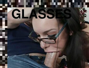 Teen with glasses sucks and swallows big time