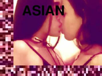 asiático, público, lesbiana, gay, besando, hermana