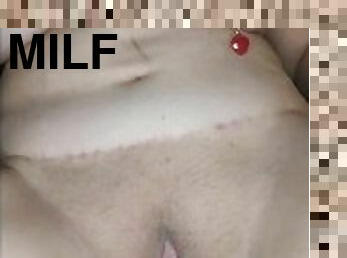 Horny milf satisfies morning cravings with big red dildo