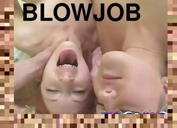 Laura sharing blowjob and cumming threesome