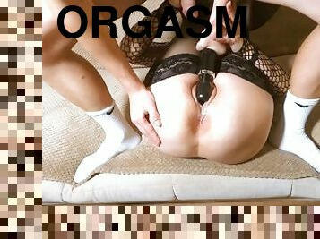 onani, orgasme, hardcore, strømper-stockings, cum, strømper, røff