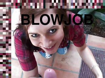 Alluring beauty is making blowjob with smiles