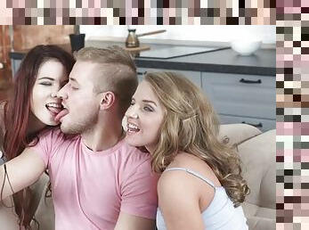 Skinny hotties have steamy threesome on sofa