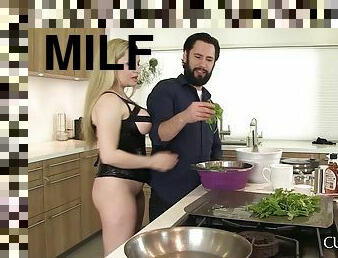 Seducing milf blonde fucks her sex slave in the kitchen