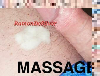 Master Ramon, wearing a sexy blue thong, jerks his horny sperm milk onto his divine thighs, lick it up!