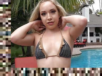 Big ass chick toys her holes by the pool