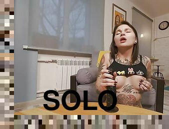 Solo brunette tattooed girl Alice Sweet palying with sex toy inin VR.