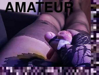 onani, shemale, amatør, handjob, strømper-stockings, cum, europeisk, euro, undertøy, sperm