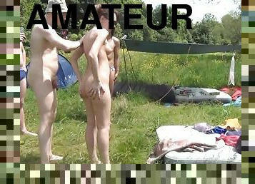 Amateurs are walking naked on the grass