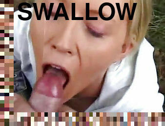 Sexy blonde gags and swallows